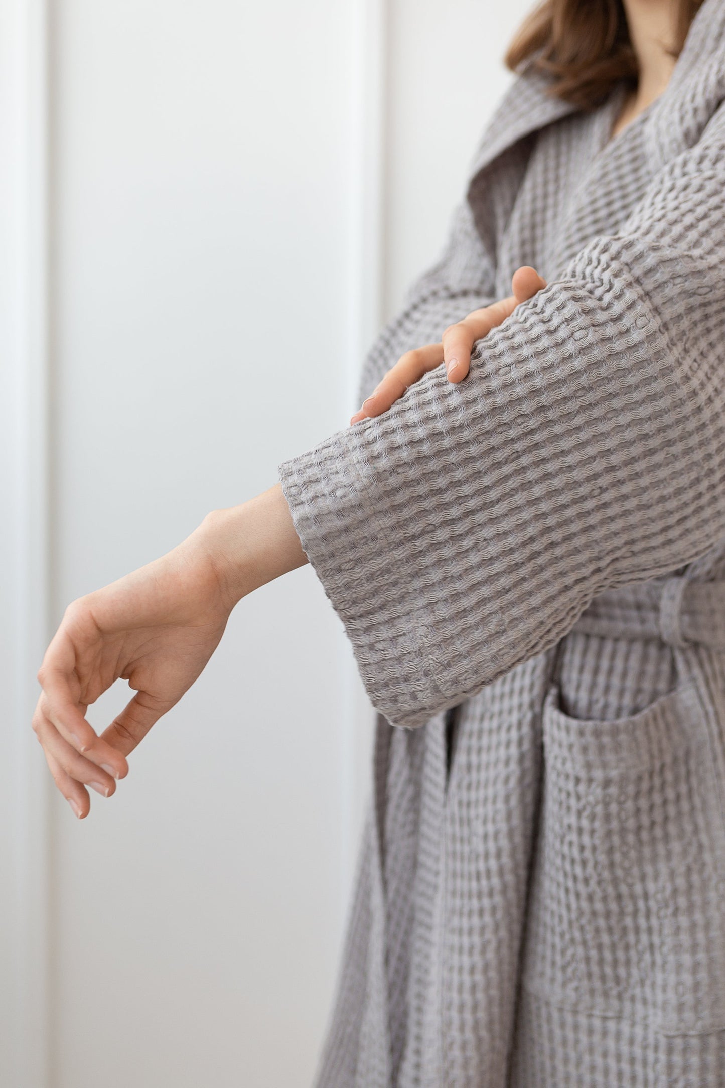 Set of linen waffle towels and robes with hoodie